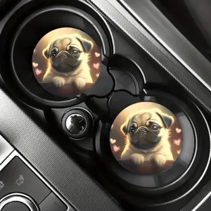 Cute pug dog print car cup coasters, anti-slip round drink coasters for vehicle interior.