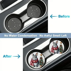 Christmas bunny car cup holder coaster, cute rabbit soft rubber auto drink insert mat.