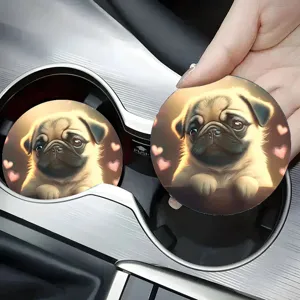 Cute pug car cup coasters set, absorbent ceramic cute dog insert mats for vehicle cup holders.