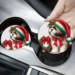 Silicone Christmas Shih Tzu car cup holder coaster, cute holiday auto interior accessory close-up.