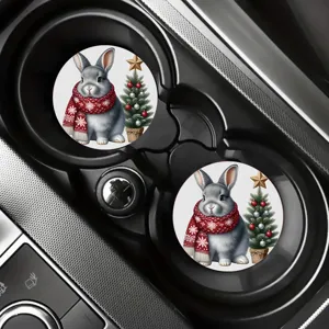 Car coasters set cute Christmas bunny anti-slip rubber cup holder mats for auto interior decor