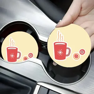Christmas car cup coaster, cute red coffee mug design, absorbent automotive drink holder mat.