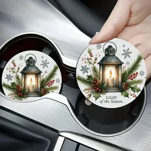 Round winter lantern cup coaster detail view, festive table and car decoration mat, soft surface.