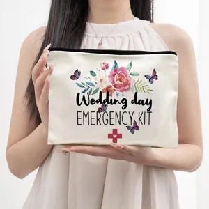 Canvas cosmetic bag featuring elegant wedding emergency kit print, stylish floral zipper pouch.