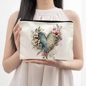 Floral watercolor heart canvas cosmetic bag, cute pencil case and zipper storage pouch for women.