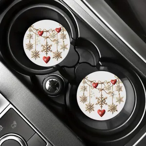 Sous-verres ronds pour porte-gobelet de voiture avec flocon de neige en bois et cœur rouge.