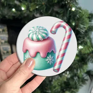 Christmas themed round cup coaster table mat festive candy cane dessert design home office
