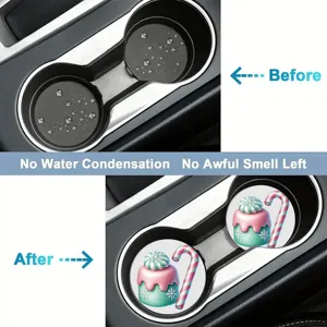 Absorbent car cup coasters with cute pink cake and candy cane design, 2 pack drink coasters.
