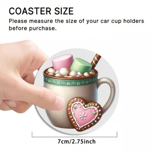 Round car coaster with cute coffee mug gingerbread design, non-slip 7cm cup holder mat.
