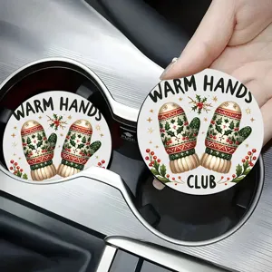 Sous-verre de voiture motif mitaine de Noël en céramique absorbante pour porte-gobelet auto.