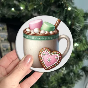 Christmas hot chocolate mug coaster detail, cute cup mat for winter desktop decoration.