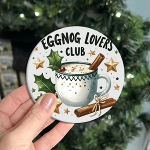 Christmas Round Silicone Coaster Festive Eggnog Lovers Club Mug Pattern Table Mat