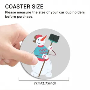 Cartoon PVC car cup coaster detail view showing 7cm size and snowman design for holders.