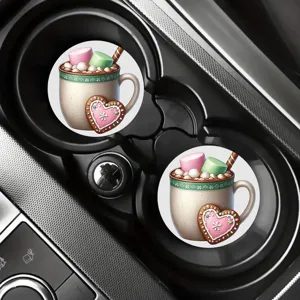 Car cup coasters, cute hot cocoa mug pattern absorbent silicone car coasters for drinks, 2pcs.