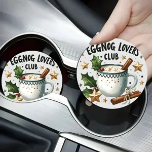 Detailed view of Christmas car cup holder coaster with festive graphic and holiday stars pattern.