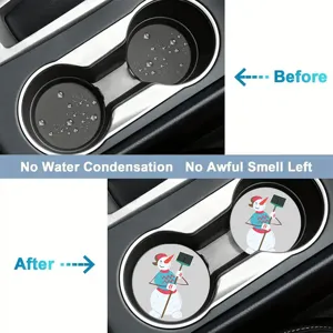 Car cup holder coasters with cute snowman design, absorbent and anti-slip pads for auto.