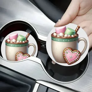 Christmas Car Coasters Round Silicone Non-Slip Cup Pad Holder Insert Mat For Car Cup Holder Snowman Gingerbread Cupcake Pattern Holiday Decoration