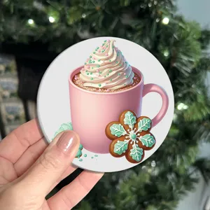 Christmas round coaster cute pink mug hot chocolate snowflake cookie tabletop decor