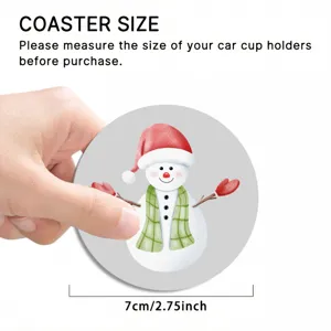 Round car cup coaster with cute Christmas snowman pattern, non-slip rubber, 7cm diameter.