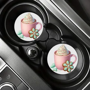 Cute pink coffee mug design car cup coasters, absorbent ceramic auto coasters for drinks 2pcs.