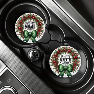 Christmas wreath car cup coaster detail, holiday silicone drink mat for vehicle interior