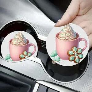 Cute pink coffee cup car coaster, anti-slip silicone auto cup holder mat for interior decor.