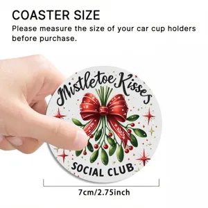 Christmas car coaster with mistletoe bow design, anti-slip silicone cup holder mat.