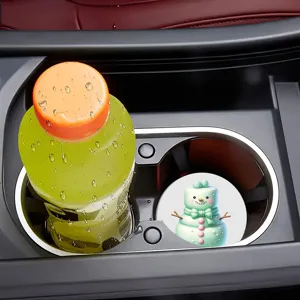 Cute snowman car cup holder coaster, absorbent non-slip silicone mat for auto interior decor.