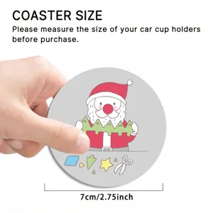 PVC car coaster detail view, cute cartoon Santa design, 7cm diameter, cup holder pad.