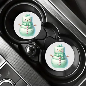 Cute mint green snowman car cup coasters detail shot, practical automotive interior decor.