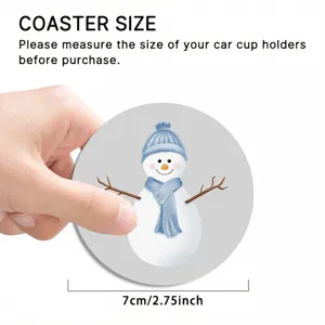 Round car coaster with cute snowman design, anti-slip rubber material, 7cm diameter size.