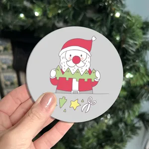 Cute cartoon Santa Christmas tree print round PVC coaster for home table decoration and daily use.