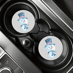 Christmas car cup coasters set, cute watercolor snowman pattern auto drink coasters for vehicles.