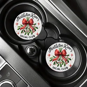 Christmas silicone car cup coaster detail, featuring cute mistletoe and red bow holiday design.