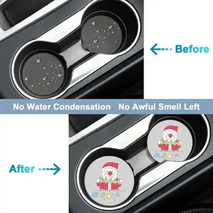 PVC car cup holder coaster with cute cartoon Santa design, anti-slip auto interior mat.