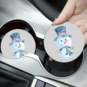 Christmas snowman car cup coaster detailed view, absorbent ceramic interior accessory mat