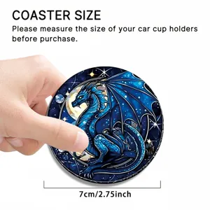 Detailed view of a round blue cosmic dragon car cup coaster, premium absorbent material.