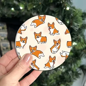 Cute corgi pattern silicone car coaster, anti-slip cup mat detail shot for auto interior.