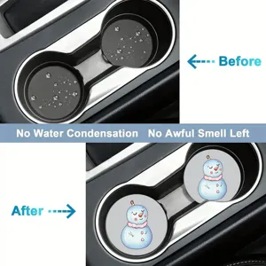Cute snowman car cup holder coaster, absorbent anti-slip mat for automotive interior decor.