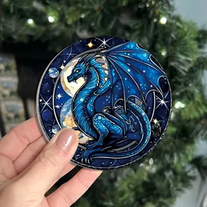 Round ceramic coaster with fantasy blue dragon star pattern, cute absorbable table drink mat.
