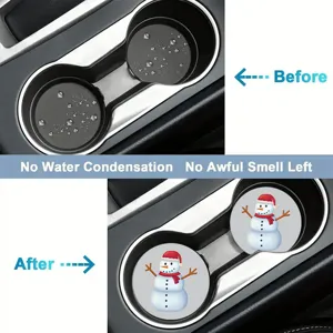 Detail view of cute cartoon snowman car cup coasters showing absorbent and anti-slip functions in car.
