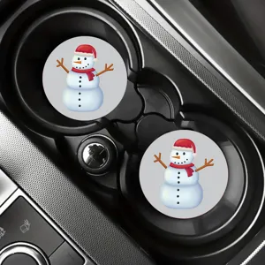 Cute Christmas snowman car coaster set, anti-slip leather cup holder mats for vehicle interior.