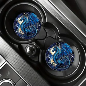 Blue dragon car cup coaster set, absorbent silicone anti-slip auto drink coasters.