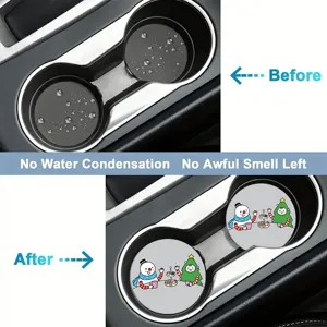 Cute cartoon car cup holder coaster, premium leather auto anti-slip insert mat detail view.