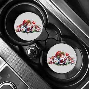 Detailed close-up shot of festive Christmas gnome silicone car coasters in a vehicle cup holder.