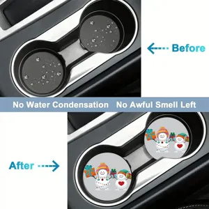 Christmas snowman car cup coasters, anti-slip absorbent pads for vehicle interior decor.
