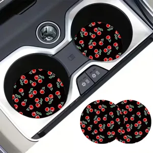 Cute cherry pattern car coaster set, non-slip silicone cup holder mat for auto interior decor.