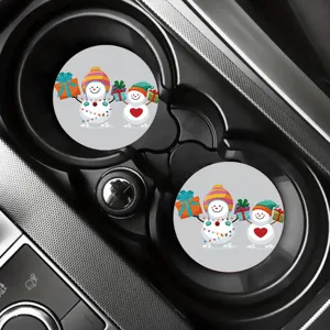 Cute snowman printed car cup holder coaster non-slip silicone auto interior decoration detail shot
