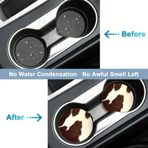 Car cup holder coasters with cute cow print, non-slip silicone pads for auto interior.