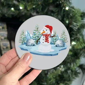 Close-up detail shot of a cute Christmas snowman car coaster, festive interior decoration.